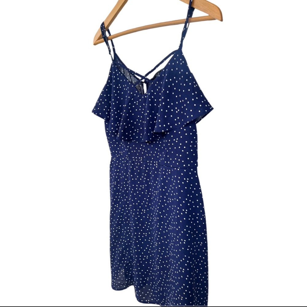 Three Hearts Navy and White Polka Dot Ruffle Slip Mini Dress - Picture 2 of 8